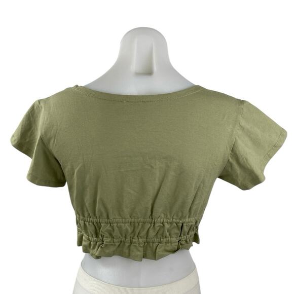 Princess Polly Green Short Sleeve Deep V Neck Tie Ruffle Blouse Crop Top Size 2 - Picture 2 of 4